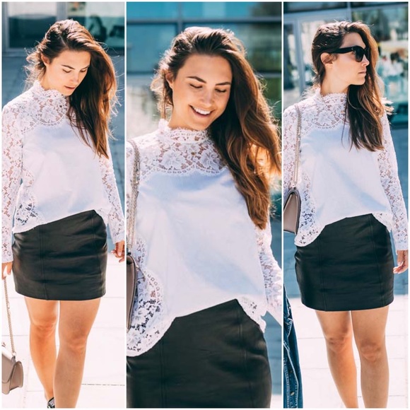 SANDRO | 🤍 White Lace Mock Neck Blouse w/ Thin Pinstripe Panel | Size 1 (Small) - Picture 5 of 16